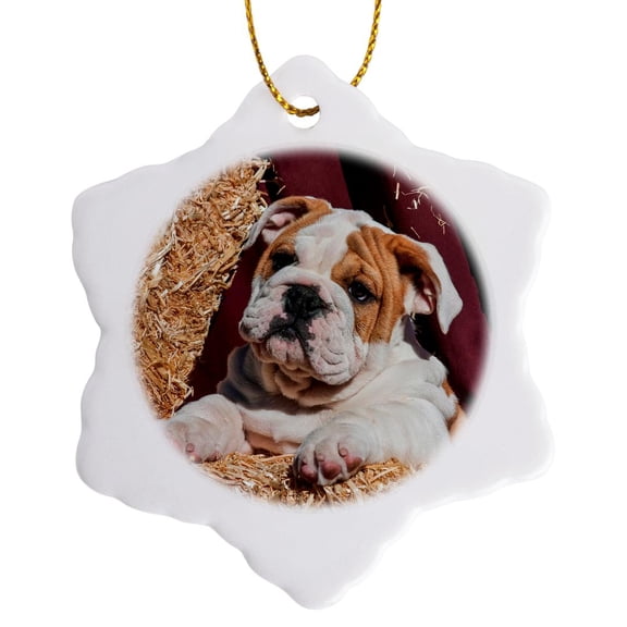 3drose, Bulldog Puppy Lying on Hay Bales, Mr, 3 inch Snowflake Porcelain Ornament
