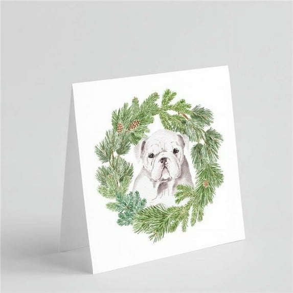 Bulldog Puppy White with Christmas Wreath Square Greeting Cards and Envelopes Pack of 8 5 in x 5 in