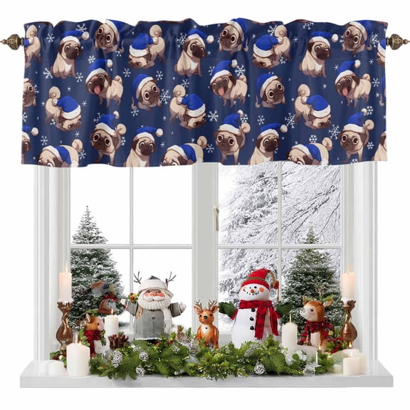 Bulldog Santa Hat Valances for Windows, 54 x 18in, Christmas Dark Blue Rod Pocket Kitchen Valance Curtain Light Filtering Window Treatments for Living Room Bedroom, 1 Panel