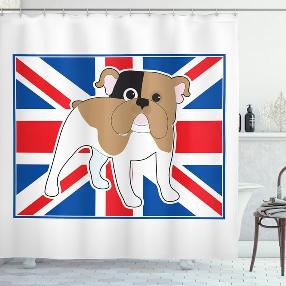 Bulldog Shower Curtain, Cartoon Style Illustration of a Dog on a British Flag Staring, Fabric Bathroom Set with Hooks, 69W X 70L Inches, Dark Lavender White and Ruby, by Ambesonne