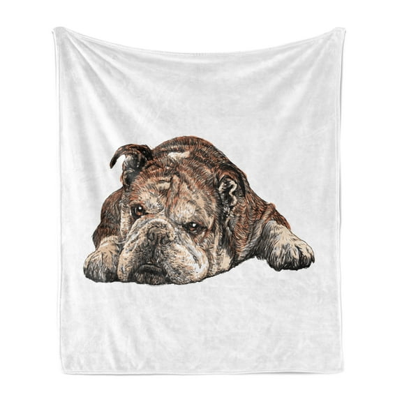 Bulldog Soft Flannel Fleece Blanket, Digitally Generated Single Bulldog Drawn by Hand on a Plain Background, Cozy Plush for Indoor and Outdoor Use, 60" x 80", Charcoal Grey and White, by Ambesonne