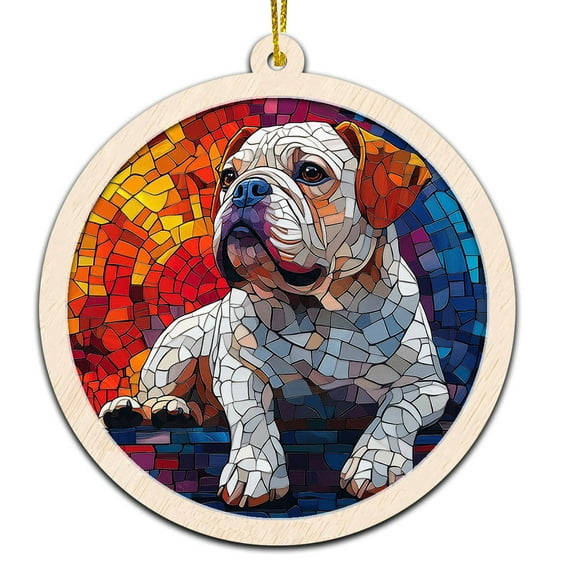 Bulldog Stained Glass Suncatcher Ornament – Text Christmas 2025 Tree Decoration Gift for Family, Friends, Man & Woman