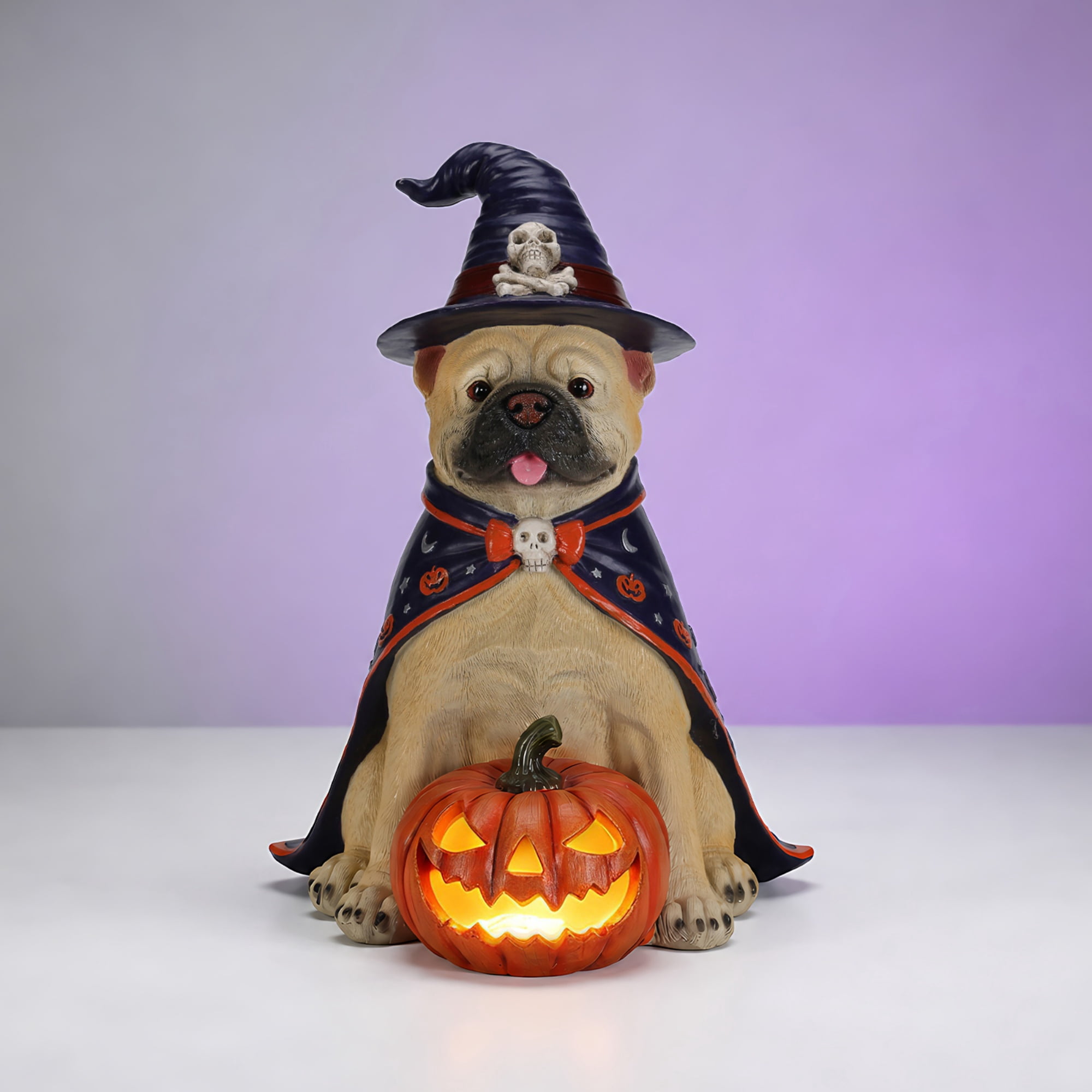 Bulldog Statue 19.69 Inch, Halloween Witch Dog Figurine with LED Pumpkin, Large Sitting Dog Decor for Porch and Outdoor Display, Beige and Orange