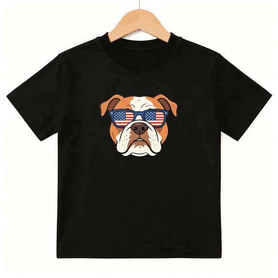 Bulldog USA Flag Sunglasses Boys Graphic Tee, Patriotic 100% Cotton Kids Short Sleeve T-Shirt 4-13Y