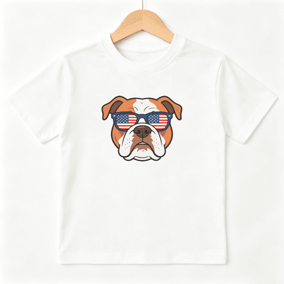 Bulldog USA Flag Sunglasses Boys Graphic Tee, Patriotic 100% Cotton Kids Short Sleeve T-Shirt 4-13Y