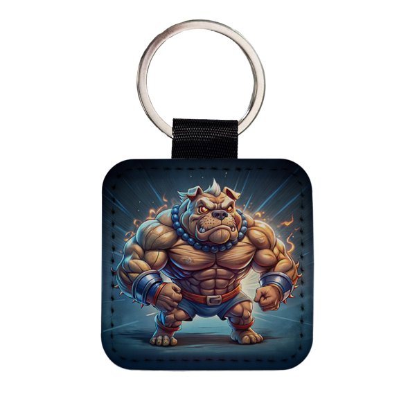 Bulldog With Huge Muscles Cartoon Faux Leather Square Keychain