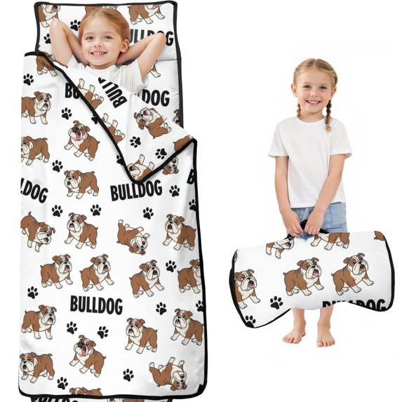 Bulldog and Dog Paw Print White Pattern Teens Toddler Nap Mat with Pillow, Sleeping Mat Bag for Preschool Daycare 59"x22"