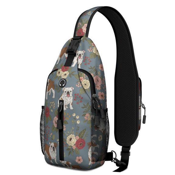 Bulldog and Floral Blue Pattern Sling Backpack, Travel Shoulder Pack with Earphone Port, Adjustable Strap Gift Ideas for Travel Shopping