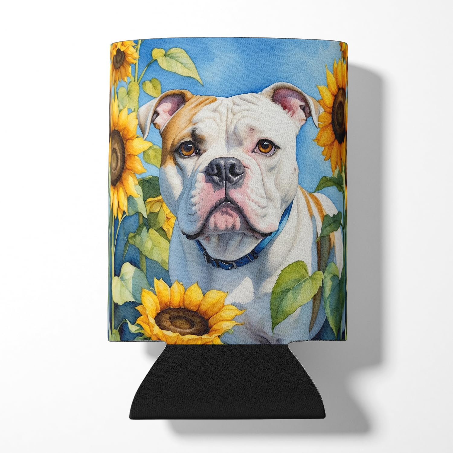 Bulldog in Sunflowers Can or Bottle Hugger 3 in x 5 in