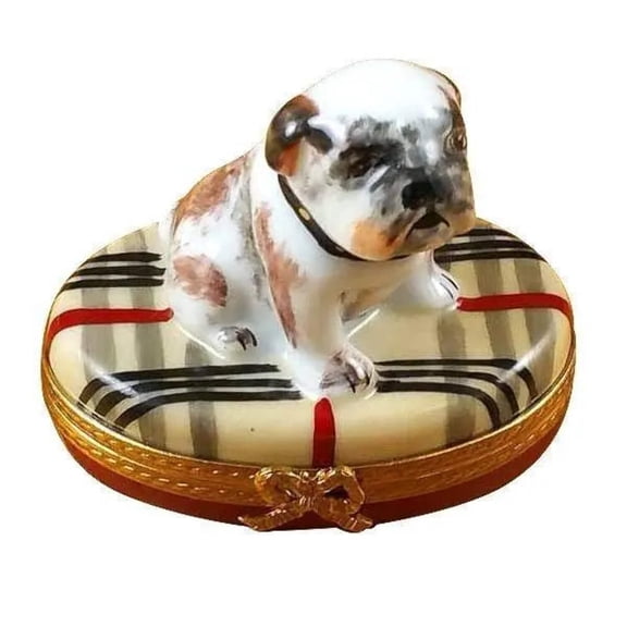 Bulldog on Plaid Rug Limoges Box Porcelain Figurine