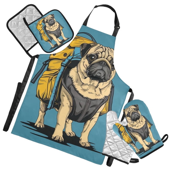 Bulldog with Luggage 5 Pcs Kitchen Set Heat Resistant Oven Mitts and Non-Slip Pot Holders with Adjustable Cooking Apron
