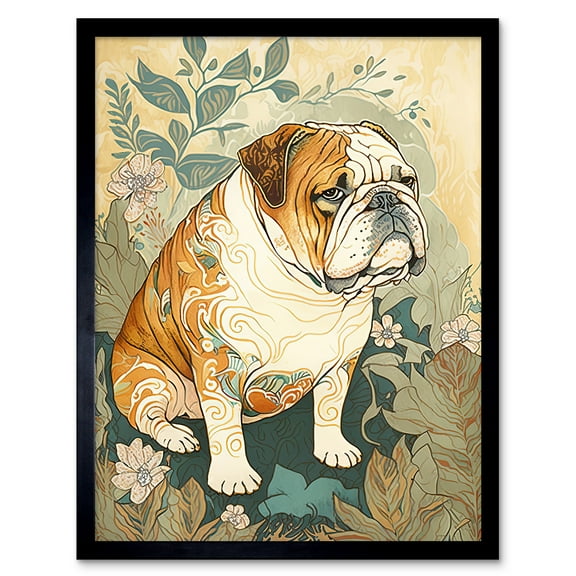 Bulldog with Ornate Pattern Fur Coat in Flower Field Modern Watercolour Illustration Art Print Framed Poster Wall Decor 12x16 inch