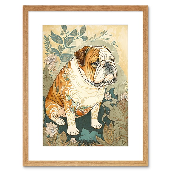 Bulldog with Ornate Pattern Fur Coat in Flower Field Modern Watercolour Illustration Artwork Framed Wall Art Print 9X7 Inch