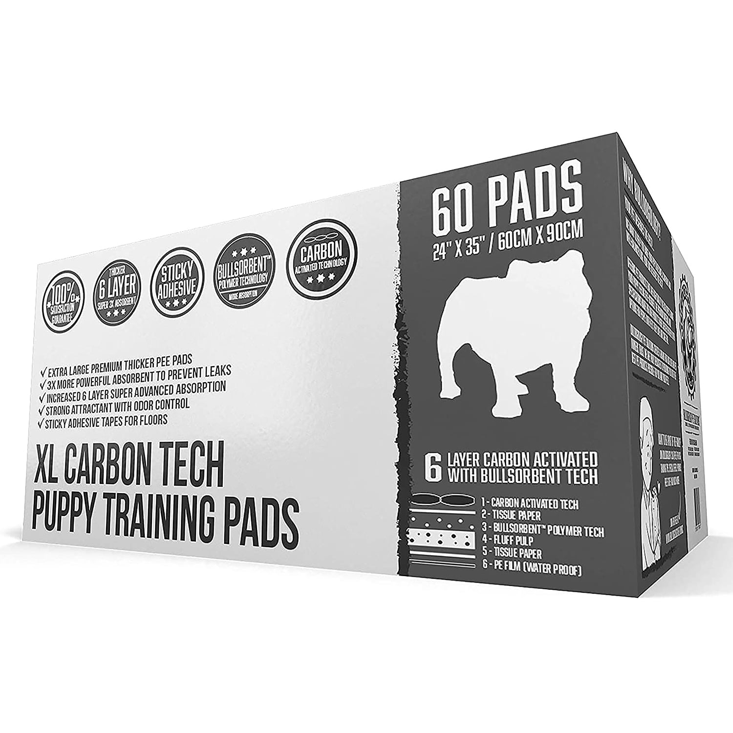 Bulldogology Carbon Black Puppy Pee Pads with Adhesive Sticky Tape