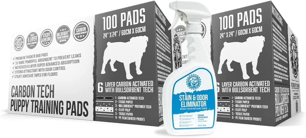 Bulldogology Carbon Black Puppy Pee Pads with Adhesive Sticky Tape (24x24) with Stain & Odor Remover Bundle Set (200-Count w/32oz.)