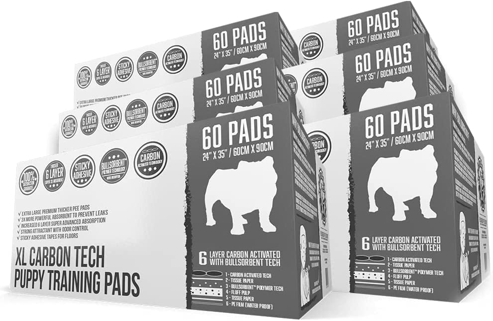 Bulldogology Carbon Black Puppy Pee Pads with Adhesive Sticky Tape - Extra Large Charcoal Housebreaking Dog Training Wee Pads (24x35, 360-Count)