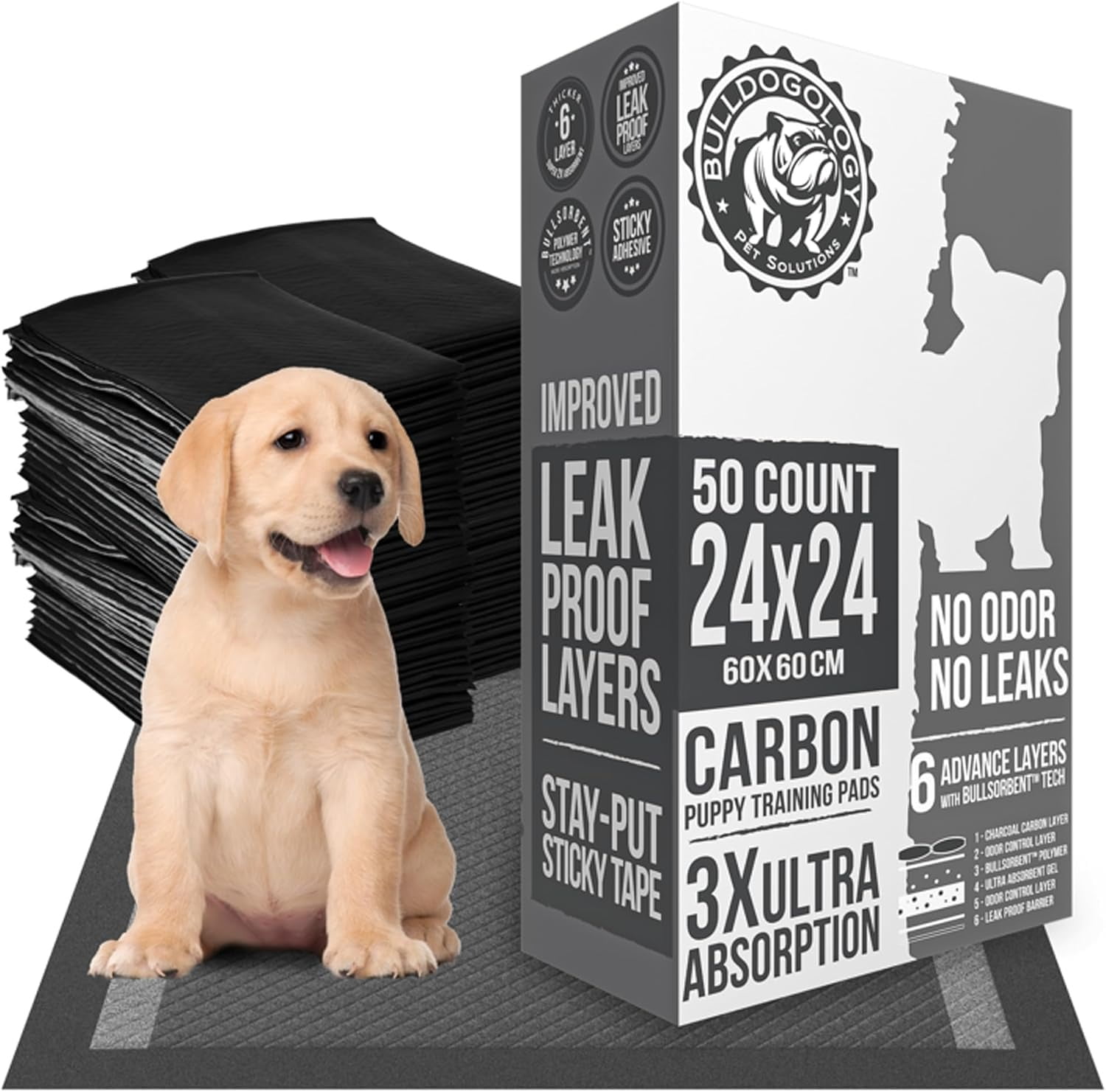 Bulldogology Puppy Pee Pads, Carbon Activated Charcoal, Large 24x24, 6 Layers, Quick-Dry Polymer, Adhesive Tape