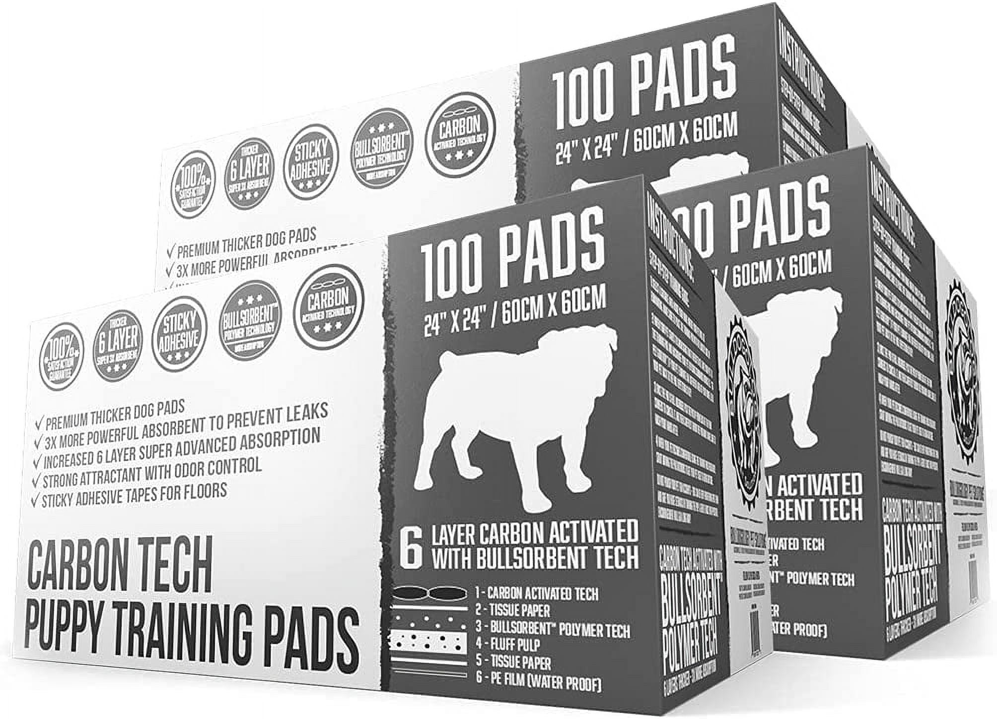 Bulldogology Premium Carbon Black Puppy Pee Pads with Adhesive Sticky Tape - Large Housebreaking Dog Training Wee Pads (24x24) 6 Layers with Extra Quick-Dry Bullsorbent Polymer (300-Count)