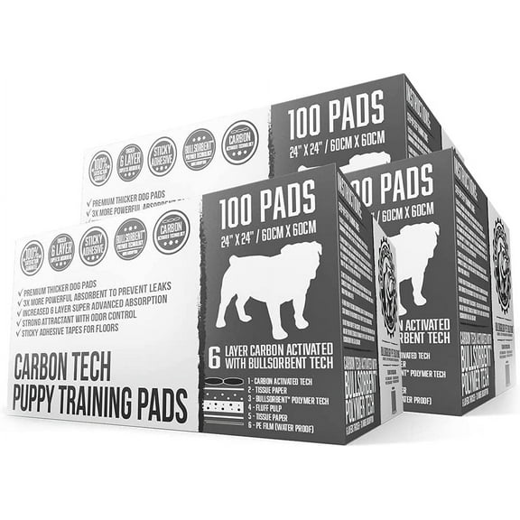 Bulldogology Premium Carbon Black Puppy Pee Pads with Adhesive Sticky Tape - Large Housebreaking Dog Training Wee Pads (24x24) 6 Layers with Extra Quick-Dry Bullsorbent Polymer (300-Count)