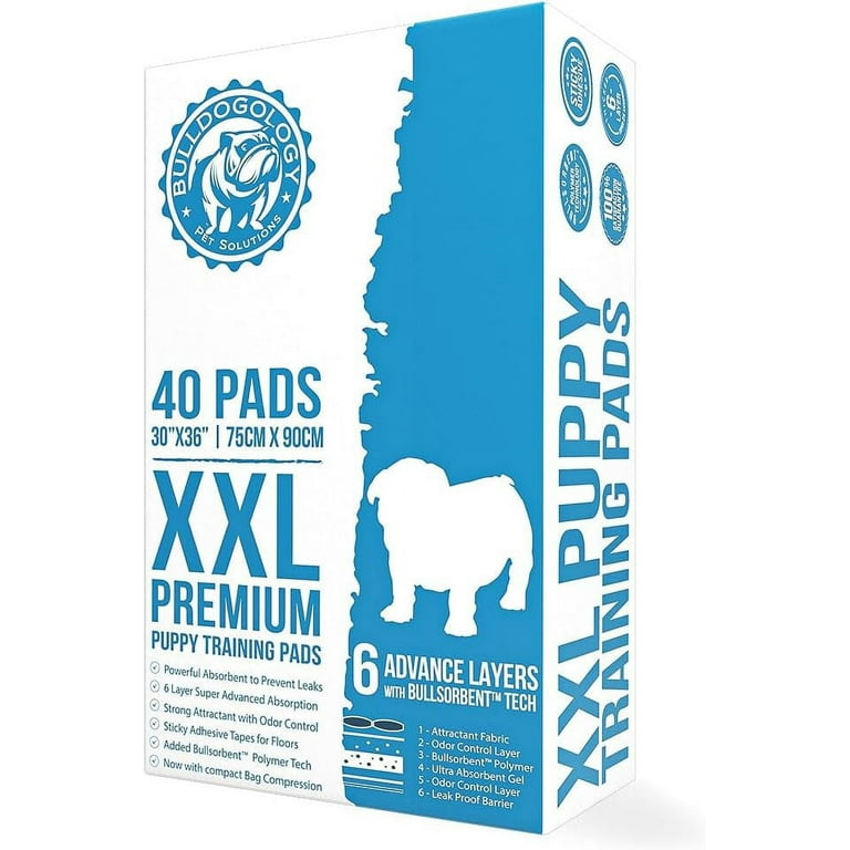 Bulldogology Premium XXL Puppy Pads with Adhesive Tabs Dog Pads Extra Large 30x36 Leak Proof Dog Pee Pads Extra Large Ultra Absorbing Extra