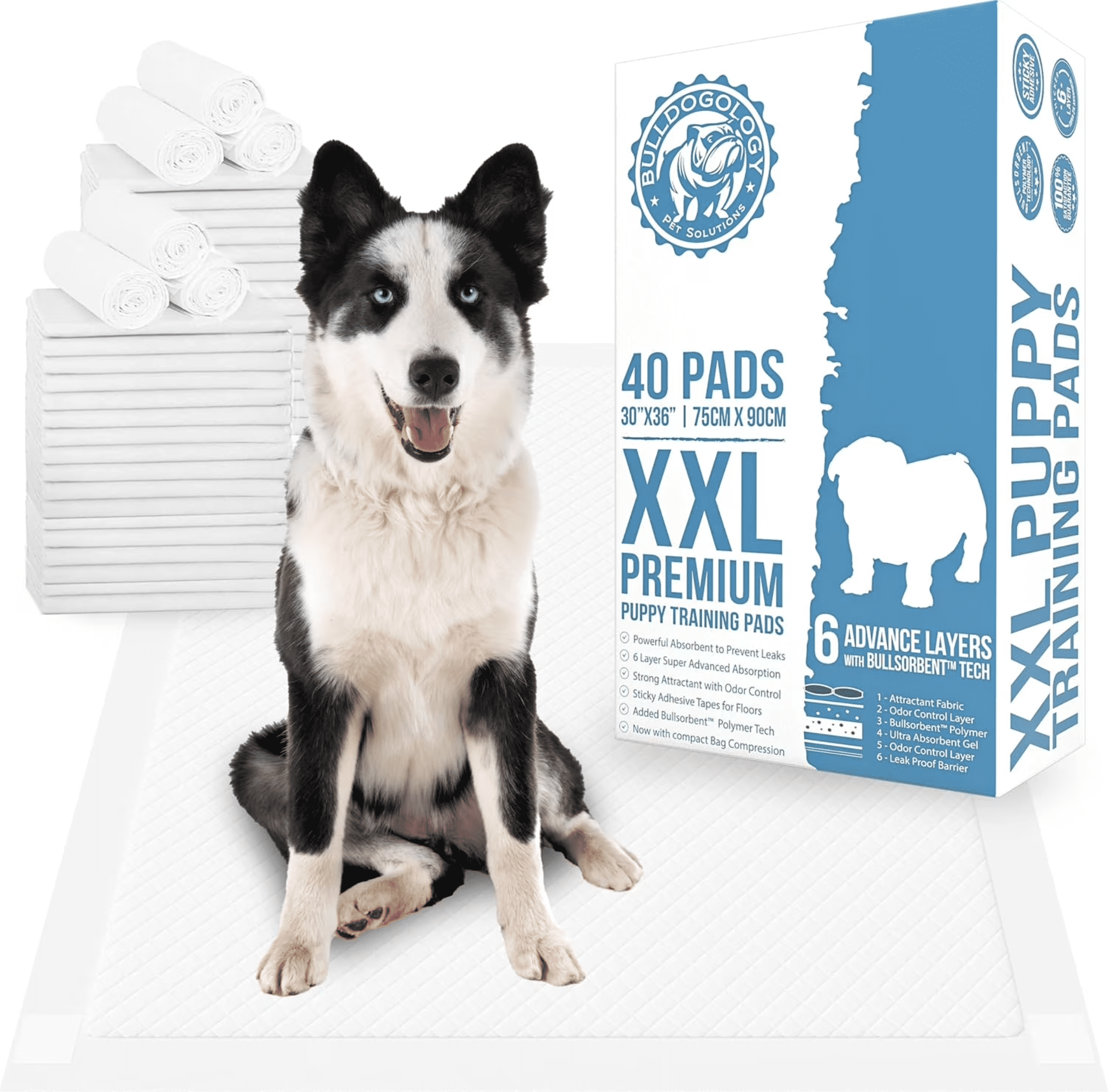 Bulldogology XXL Puppy Pads - Leak Proof Dog Pee Pads 30x36, Ultra Absorbing Training Pads, 40 Count, White