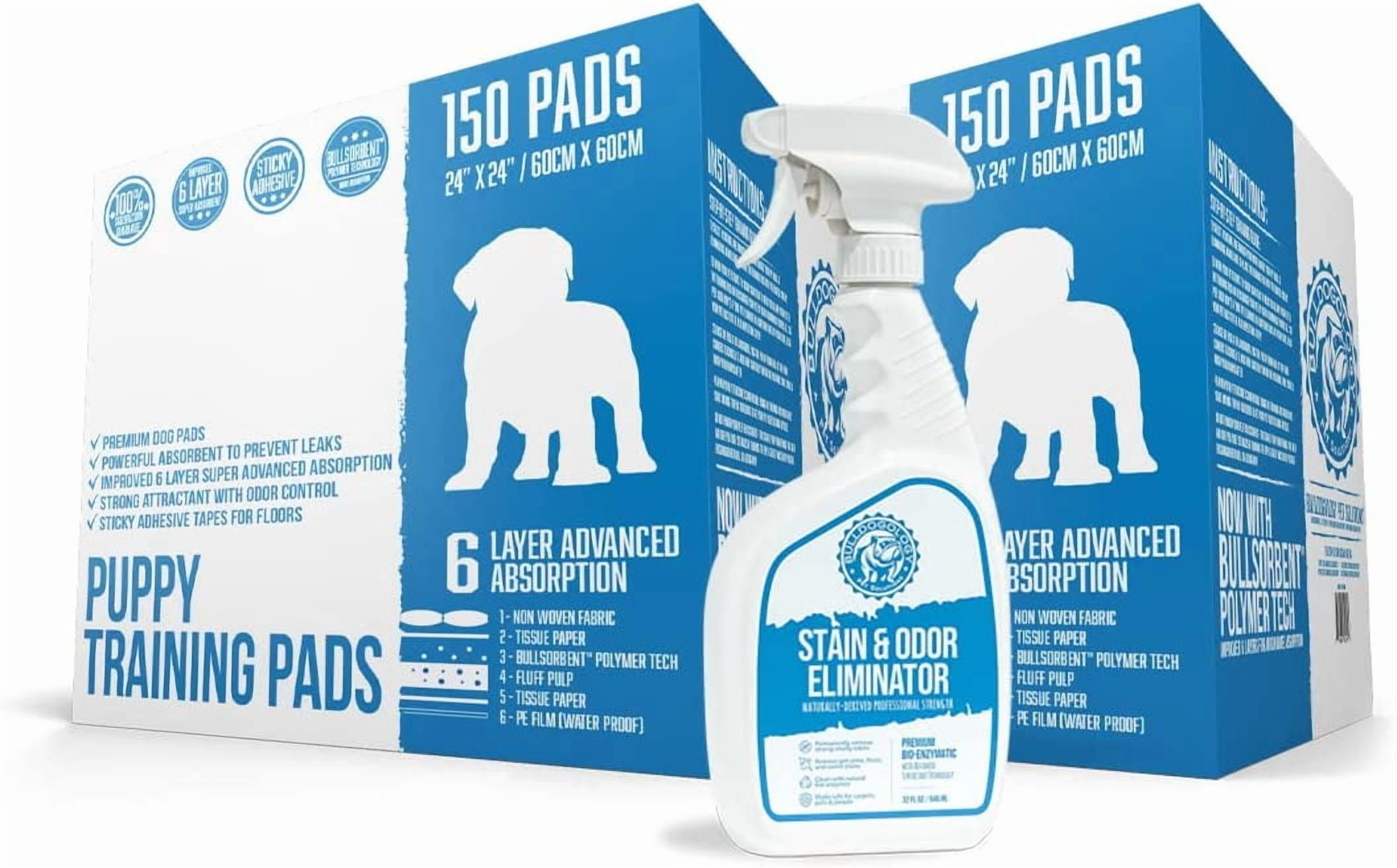 Bulldogology Puppy Pee Pads with Adhesive Sticky Tape (24x24) Large Premium Dog Pads - 6 Layer Dog Training Pads and Pet Wee Pads with Quick-Dry Bullsorbent Tech (300-Count w/32oz)