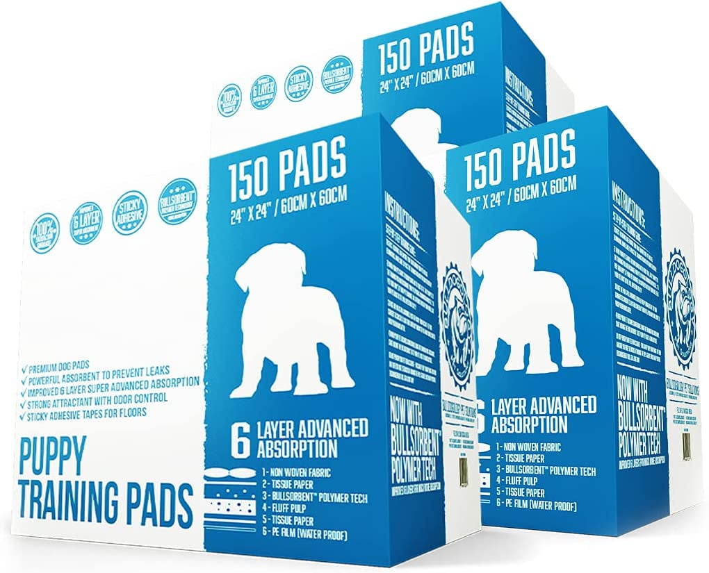 Bulldogology Puppy Pee Pads with Adhesive Sticky Tape (24x24) Large Premium Dog Pads - 6 Layer Dog Training Pads and Pet Wee Pads with Quick-Dry Bullsorbent Tech (450-Count)