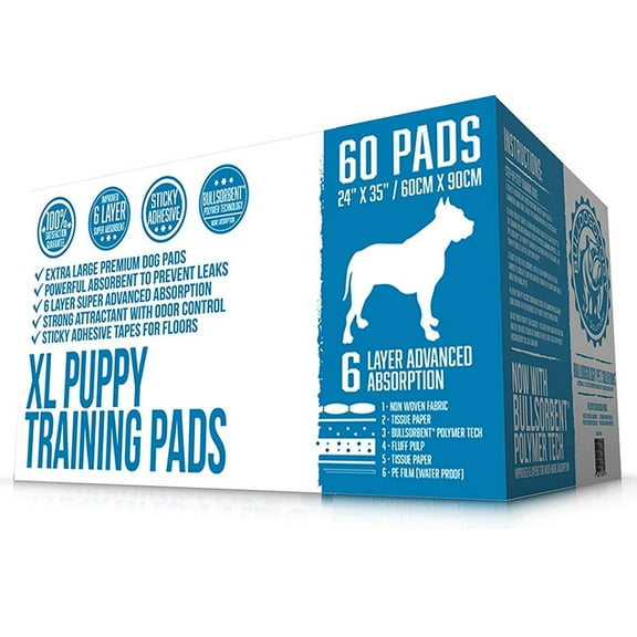 Bulldogology Puppy Pee Pads XL with Adhesive Sticky Tape - Extra Large Dog Training Wee Pads (24x35) 6 Layers with Extra Quick Dry Bullsorbent Polymer Tech (60-Count, White)