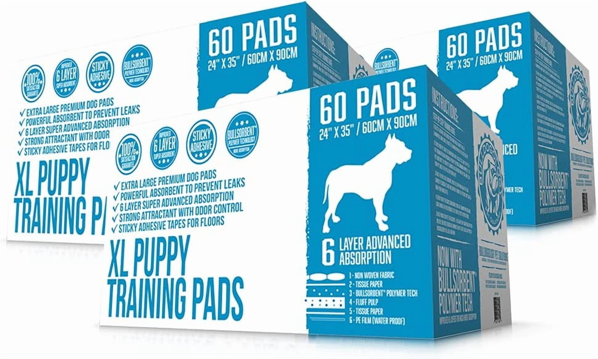 Bulldogology Puppy Pee Pads Xl with Adhesive Sticky Tape - Extra Large Dog Training Wee Pads (24x35) 6 Layers with Extra Quick-Dry Bullsorbent Polymer Tech (180-Count)