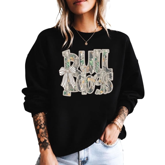 Bulldogs Camo Coquette Bow Sweatshirt for Women & Teens School Spirit Game Day Crewneck Black Sweatshirt Small