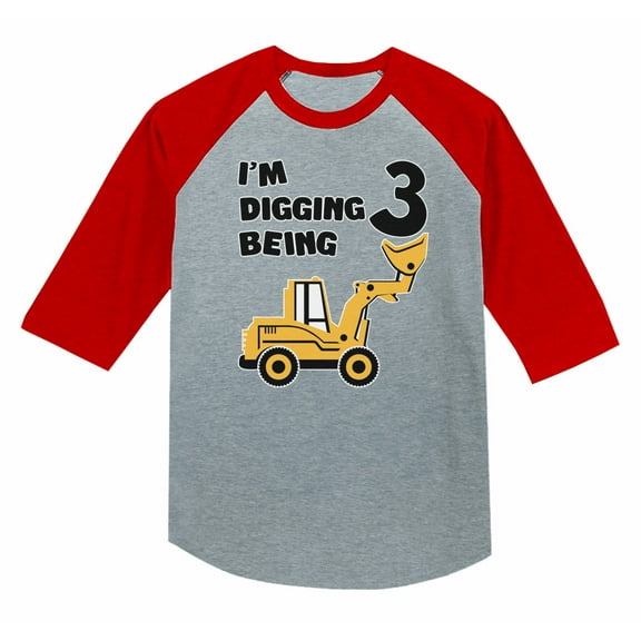 Bulldozer Digging Being 3 Shirt Three Year Old Gifts for Boys Construction 3rd Birthday Toddler Kids Raglan T-Shirt 3T Red