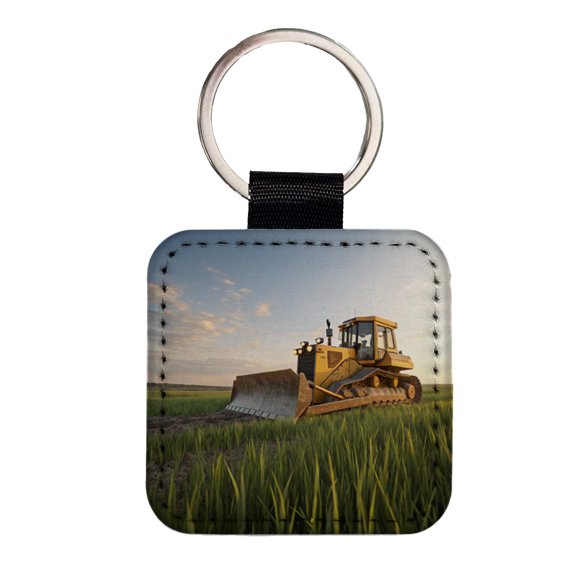 Bulldozer In Grass Field Faux Leather Square Keychain