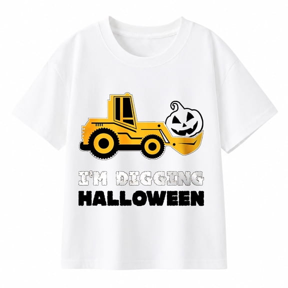 Bulldozer Pumpkin Face Halloween Shirt - Toddler Boys Construction T-Shirt for Kids Trick or Treat Outfit