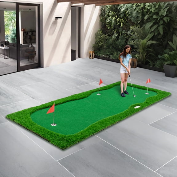 Bullenfity 12x5 ft Golf Putting Green Mat, Portable Artificial Turf Putting Trainer with Slope Pads, Movable Cup for Indoor Outdoor Golf Practice Training