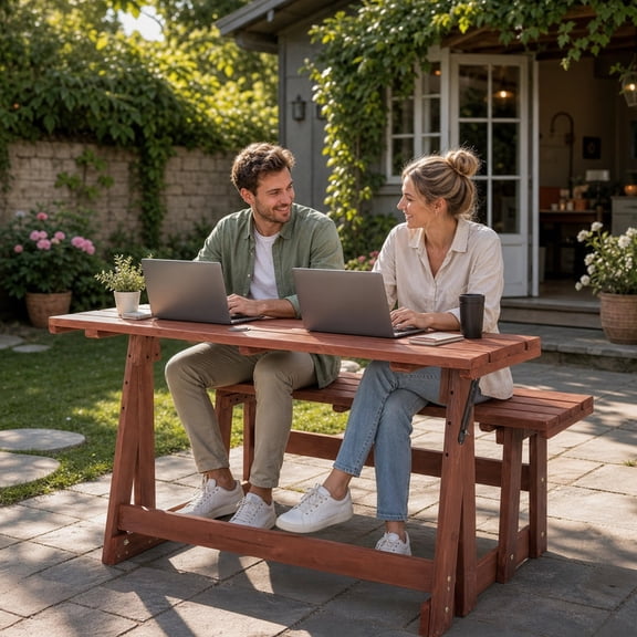 Bullenfity 2 In 1 Convertible Bench Picnic Table, Transformer Table Outdoor with Umbrella Hole, Switch from Bench with Backrest to Picnic Table in Seconds for Backyard