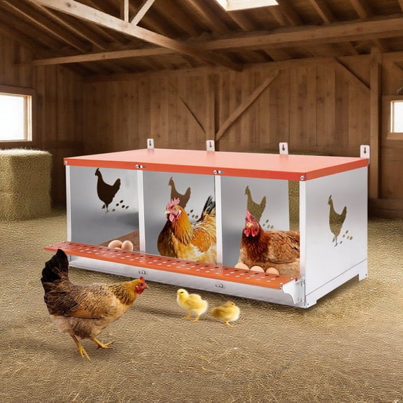 Bullenfity 3 Compartment Galvanized Chicken Nesting Box, Orange Roll Out Egg Laying Box with Ventilation for Backyard Coop