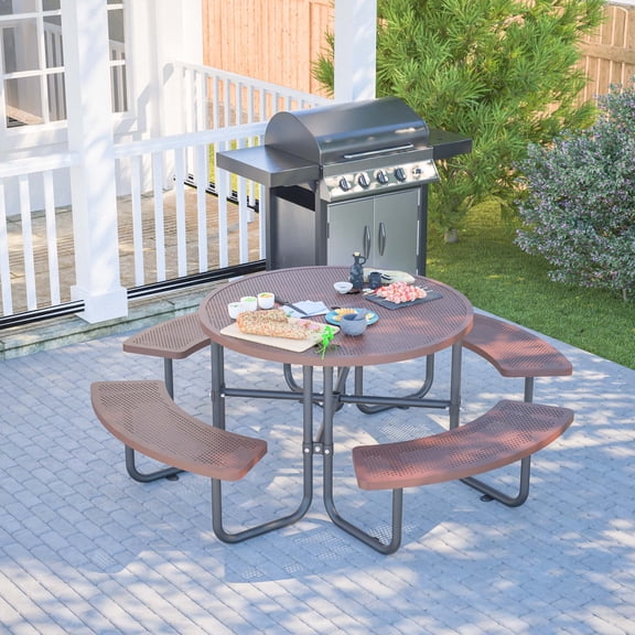Bullenfity 46.45 in Round Picnic Table With 4 Attached Benches, Seats Up to 8, 1.78 in Umbrella Hole, Galvanized Steel Frame, Coffee