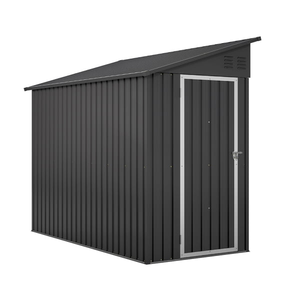 Bullenfity 4x8 ft Lean-to Galvanized Steel Storage Shed with Floor Frame & Reversible Door for Backyard, Black