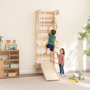 Bullenfity 6-in-1 Wall Gym Swedish Ladder Indoor Wooden Playground for Kids and Adults with Swing Slide Pull-Up Bar Rope Ladder Rings 242 lbs Capacity