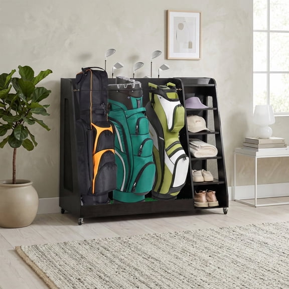Bullenfity Wooden Golf Bag Organizer, 5 Layer with Golf Club Holders, 4 Hooks and Shoe Rack, Lockable 360 Swivel Casters for Garage Golf Simulator Room or Course
