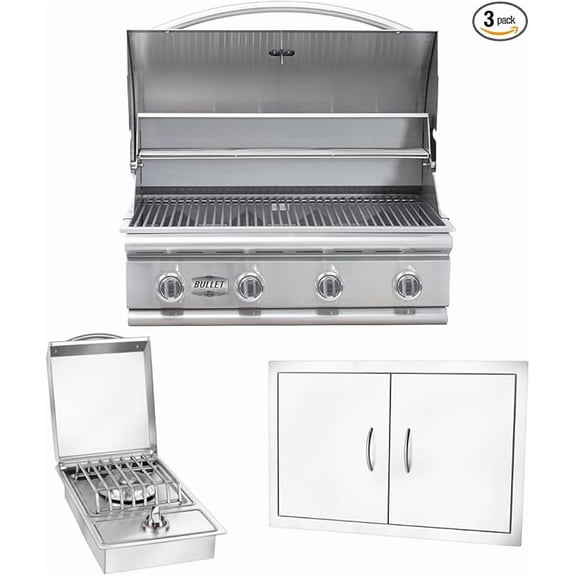 Bullet by Bull Stainless Steel Outdoor Kitchen Grill Set - Built-In Liquid Propane Grill, Perfect for Entertaining -BBQ Kitchen Isl& Bundle - Includes 4 Burner Grill, Double Access Door & Side Burner