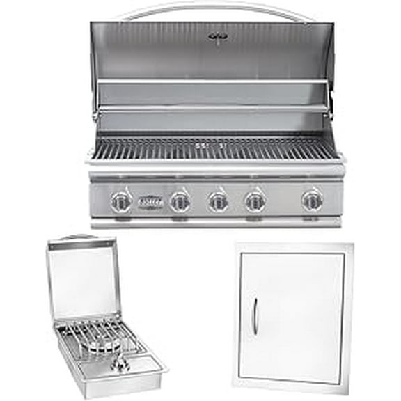 Bullet by Bull Stainless Steel Outdoor Kitchen Grill Set - Built-In Natural Gas Grill, Perfect for Entertaining -BBQ Kitchen Isl& Bundle - Includes 5 Burner Grill, Single Access Door & Side Burner