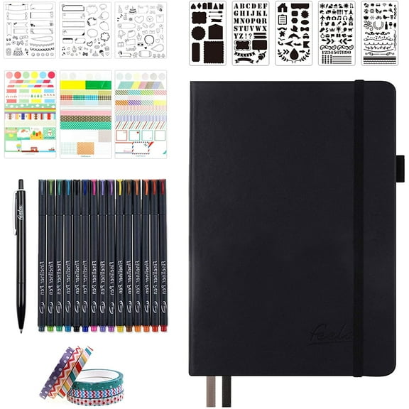 Bullet Dotted Journal Kit, Feela A5 Dotted Bullet Grid Journal Set with 224 Pages Black Notebook, Fineliner Colored Pens, Stencils, Stickers, Washi Tape, Black Pen