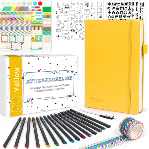 feela Dotted Journal Kit, Dot Grid Journal Hardcover Planner Notebook Set For Beginners Women Note Taking with Journaling Supplies Stencils Stickers Pens Accessories, A5, 224 Pages, Yellow