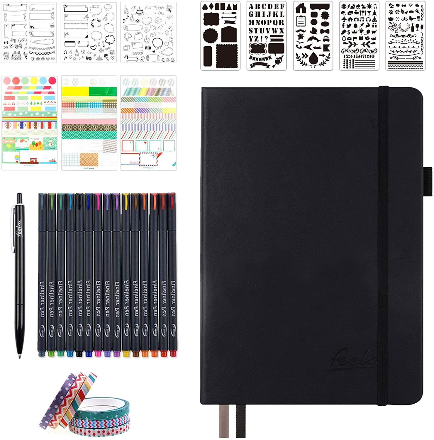 Bullet Dotted Journal Kit, Feela A5 Dotted Bullet Grid Journal Set with 224 Pages Black Notebook, Fineliner Colored Pens, Stencils, Stickers, Washi