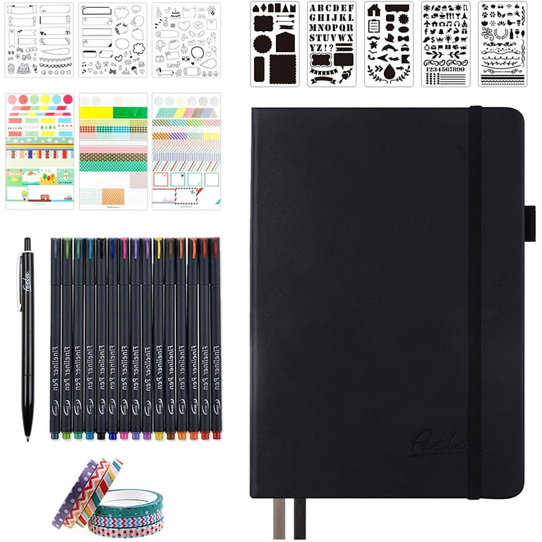 Bullet Dotted Journal Kit, Feela A5 Dotted Bullet Grid Journal Set with 224 Pages Black Notebook, Fineliner Colored Pens, Stencils, Stickers, Washi