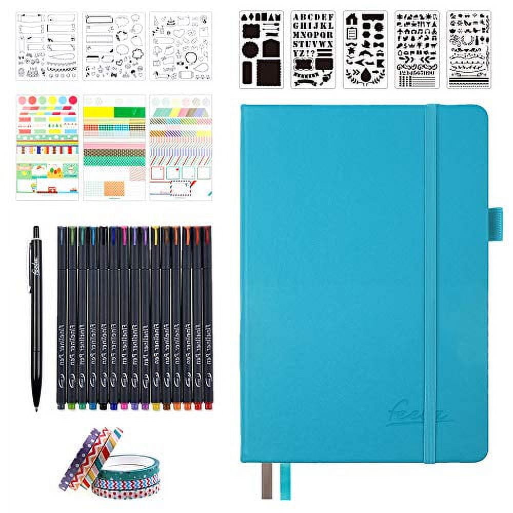 Bullet Dotted Journal Kit, Feela A5 Dotted Bullet Grid Journal Set with 224 Pages Teal Notebook, Fineliner Colored Pens, Stencils, Stickers, Washi