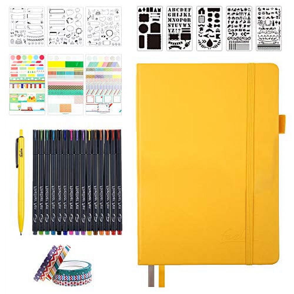https://i5.walmartimages.com/seo/Bullet-Dotted-Journal-Kit-Feela-A5-Grid-Set-224-Pages-Yellow-Notebook-Fineliner-Colored-Pens-Stencils-Stickers-Washi-Tape-Black-Pen-Diary-Schedule-Pl_1487b592-646b-48e0-8be1-a57841b2b4a4.d189e0b8352dcee24d25b689945f1b62.jpeg
