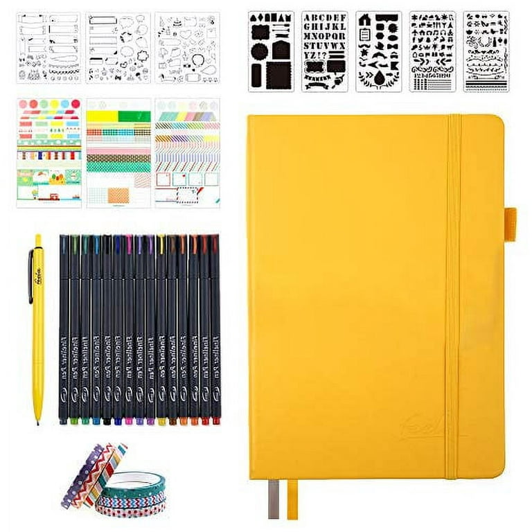 https://i5.walmartimages.com/seo/Bullet-Dotted-Journal-Kit-Feela-A5-Grid-Set-224-Pages-Yellow-Notebook-Fineliner-Colored-Pens-Stencils-Stickers-Washi-Tape-Black-Pen-Diary-Schedule-Pl_1487b592-646b-48e0-8be1-a57841b2b4a4.d189e0b8352dcee24d25b689945f1b62.jpeg?odnHeight=768&odnWidth=768&odnBg=FFFFFF