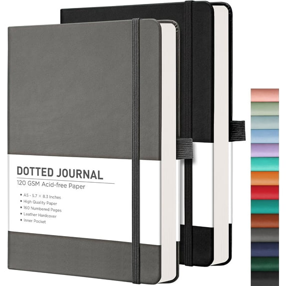 Bullet Dotted Journal Notebook, 2-Pack, 160 Numbered Pages per Pack, A5 Medium Size (5.7'' x 8.3''), 120 GSM Thick Paper, Leather Hardcover, for Bullet Journaling (Black & Gray)